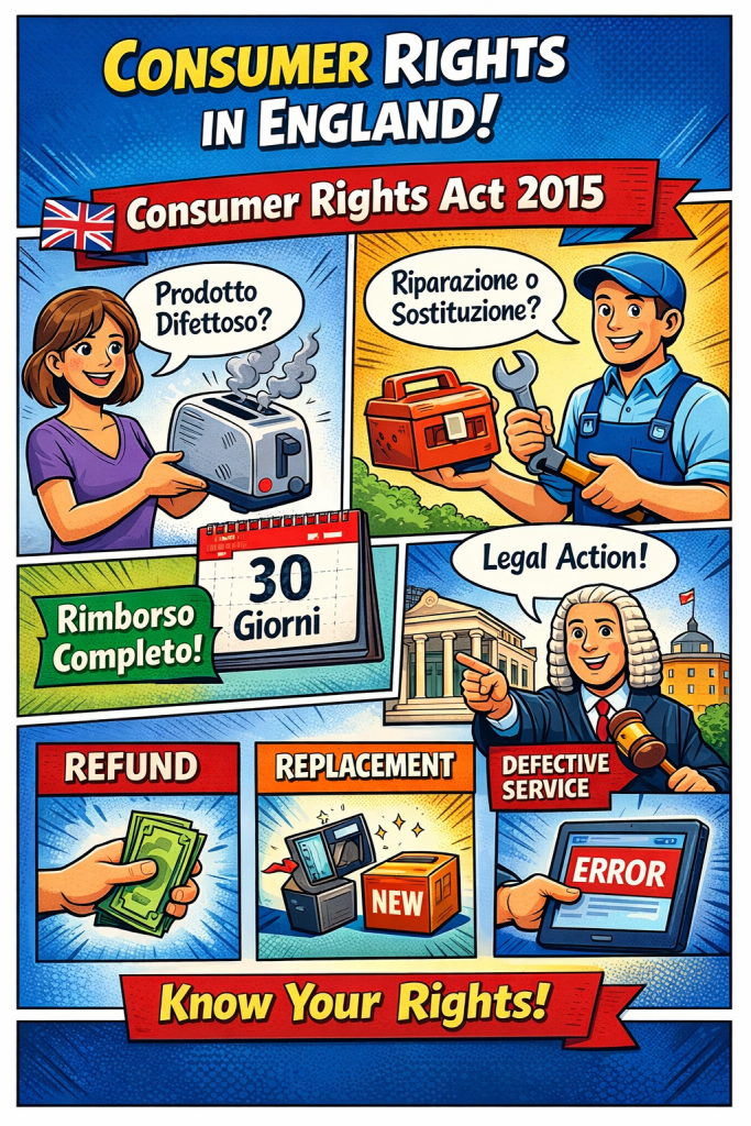 Scopri i diritti dei consumatori in Inghilterra secondo il Consumer Rights Act 2015: rimborsi, tempi e tutele legali.