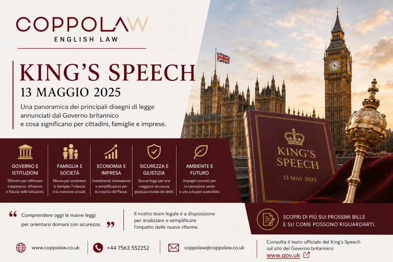 Il King’s Speech UK del 13 maggio annuncia nuove riforme su lavoro, immigrazione, sicurezza e diritti. Analisi legale di Coppolaw.